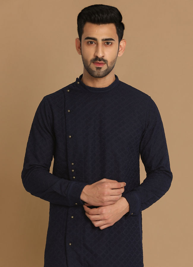 Buy Navy Blue Side Open Kurta Pajama Online in the UK Manyavar